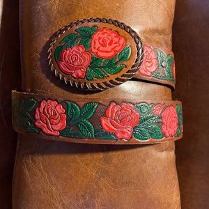 Tooled Leather Western Belt Roses